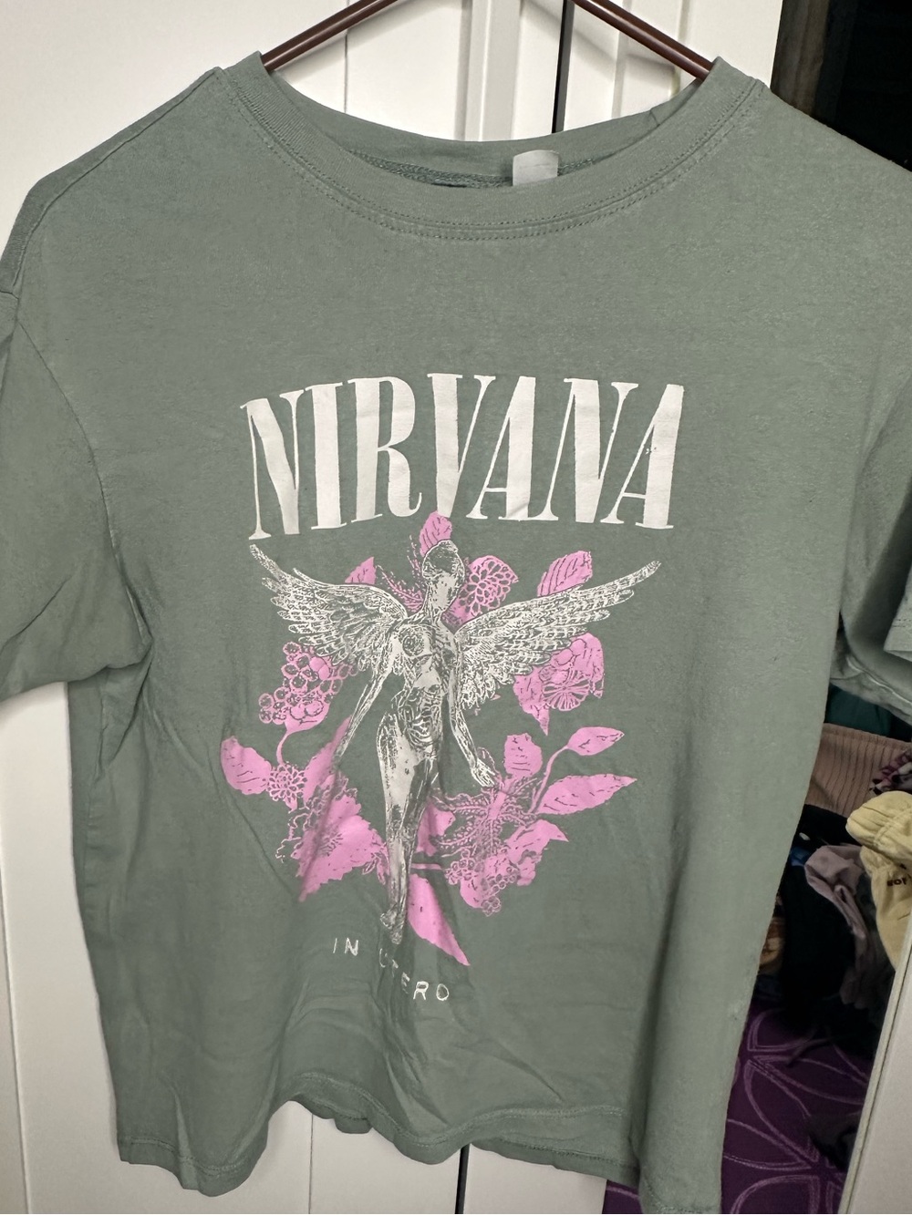 Divided Green Nirvana Graphic Tee with Pink Floral Print